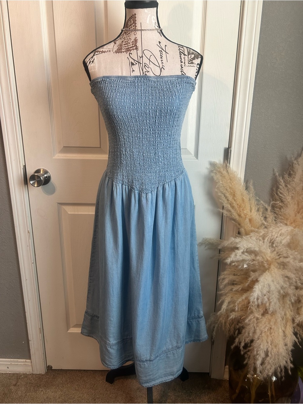 Strapless Smocked Light Blue Midi Dress